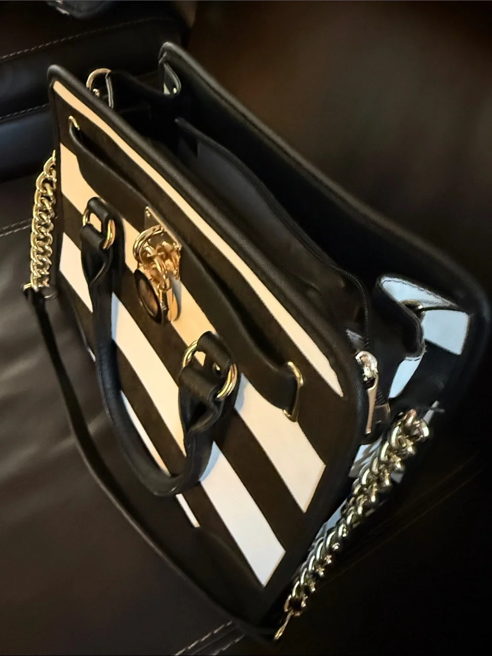 Dasein Black and White Striped Women's Satchel hand bag purse